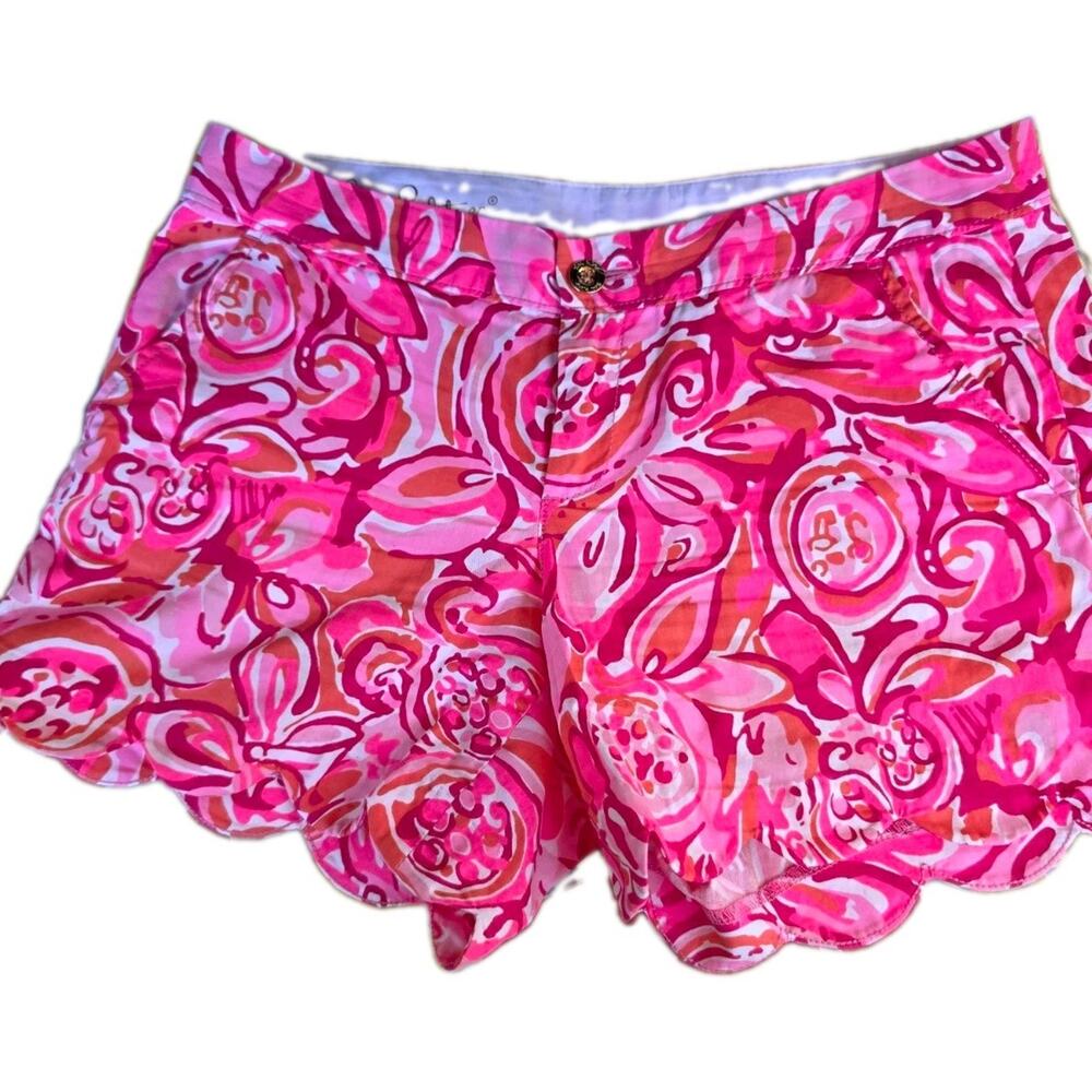 Lilly Pulitzer Buttercup Shorts 4 Cotton Chino Floral Pink Mid Rise Pockets Trim